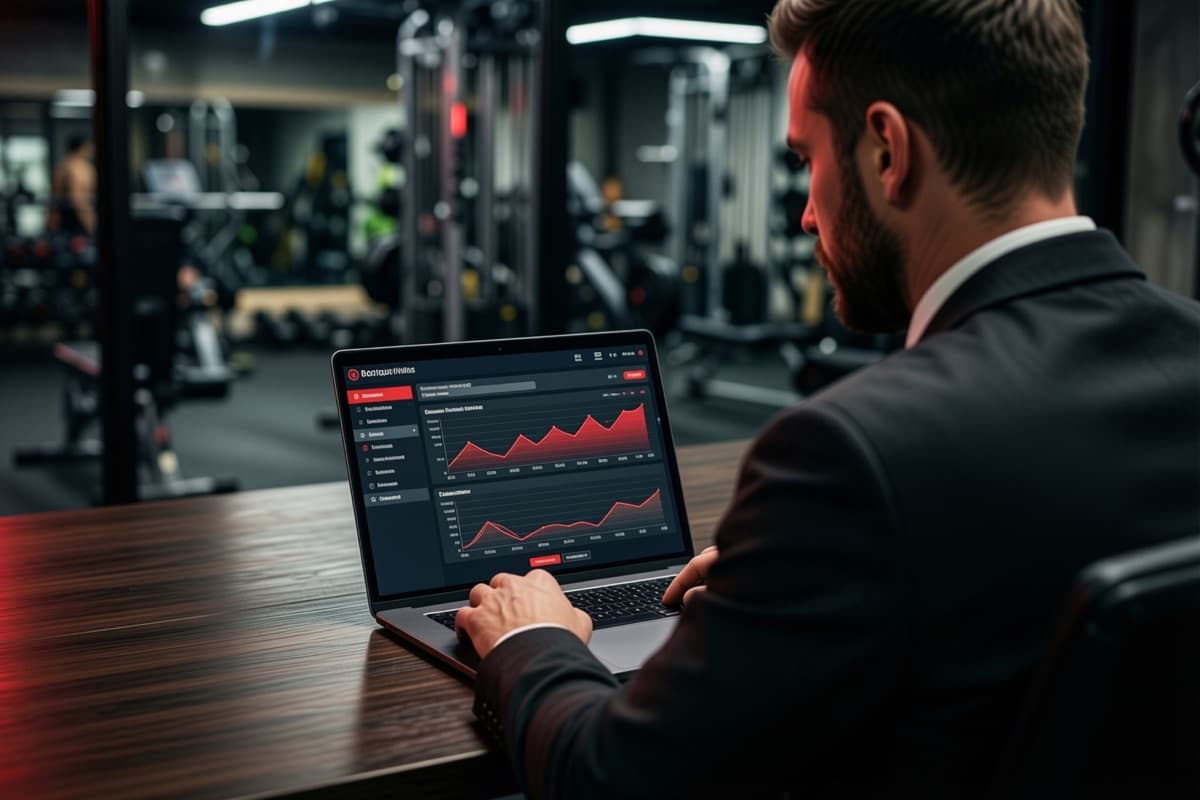 Właściciel studia fitness analizuje rozliczenia trenerów na laptopie w biurze studia