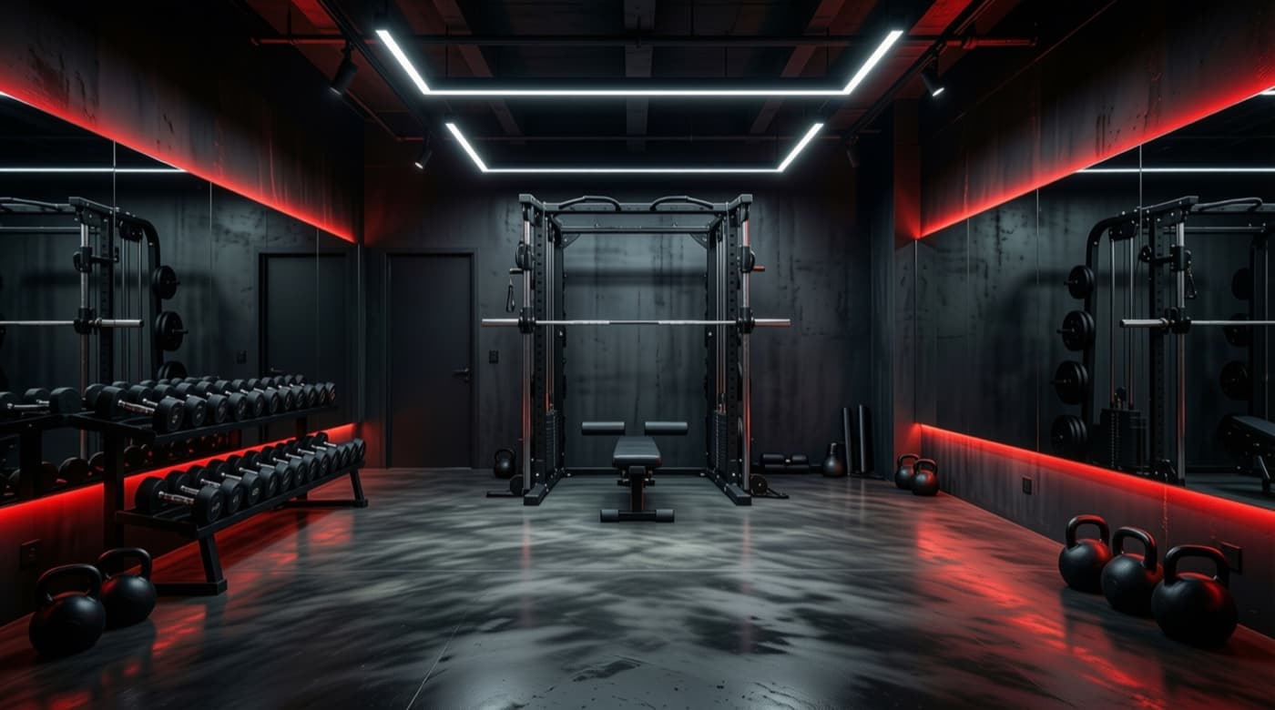 Wnętrze nowoczesnego studia fitness — strefa wolnych ciężarów i klatka treningowa w ciemnej kolorystyce z czerwonym oświetleniem LED